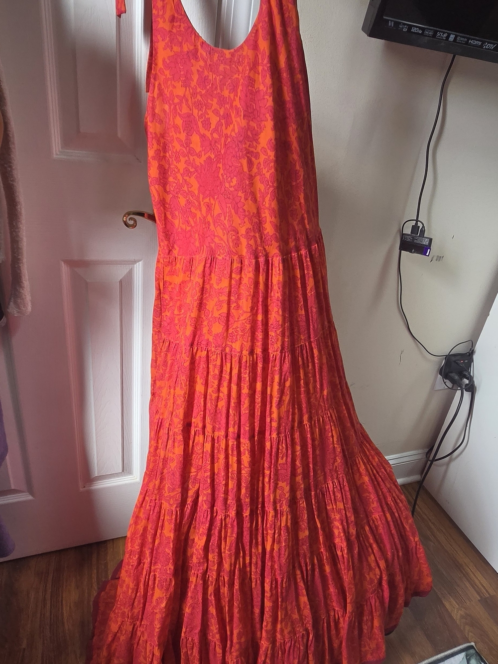 Free People Vibrant Coral and Orange Tiered Tie Strap Cotton Maxi Dress